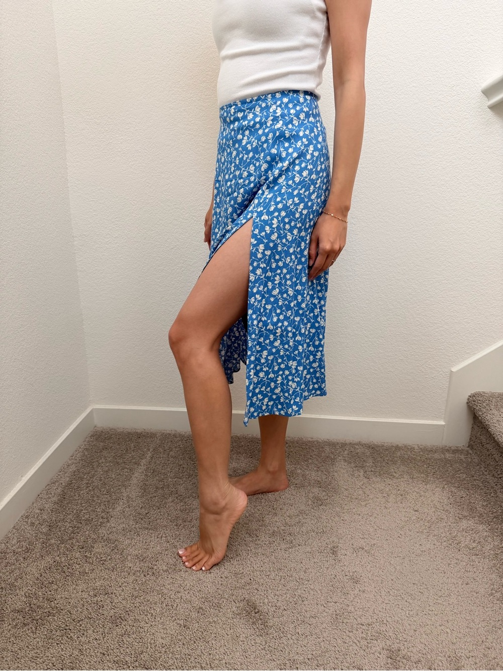Reformation Blue Floral High-Slit Midi Skirt